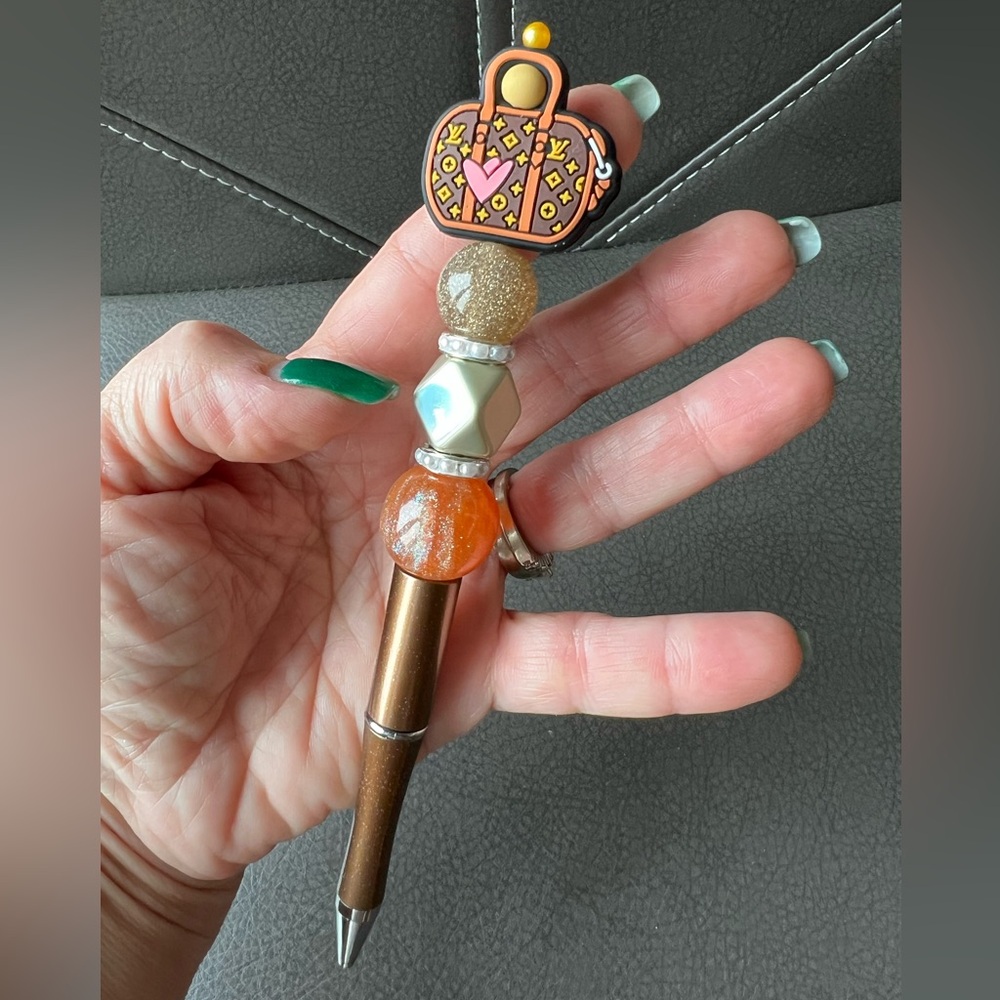 Handmade Mini Beaded Purse Pen - Brown Tones - Deluxe